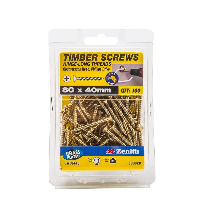 Zenith 8g x 40mm Brass Plated Hinge-Long Thread Countersunk Head Screw - 100 Pack