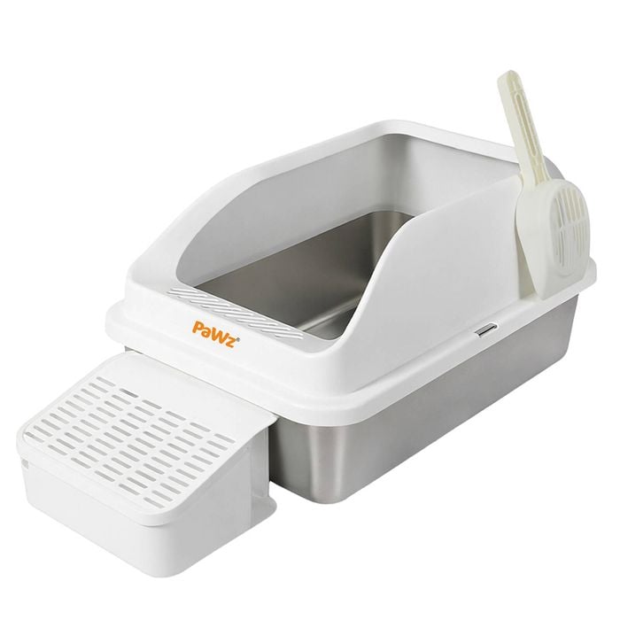 Pawz Stainless Steel Cat Litter Box High Sided Easy Clean White