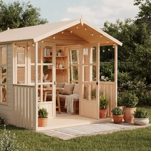 Timber garden shed with a gabled roof, double doors, and cozy furnished interior surrounded by plants and garden landscaping.