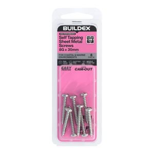 Buildex 8G x 30mm SS316 Self Tapping Sheet Metal Screws - 8 Pack