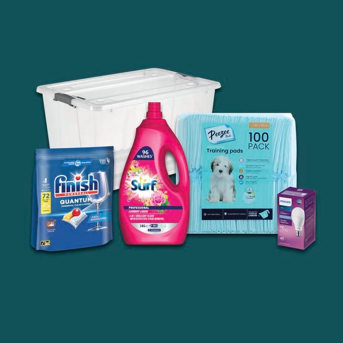 Five different products on a green background.
