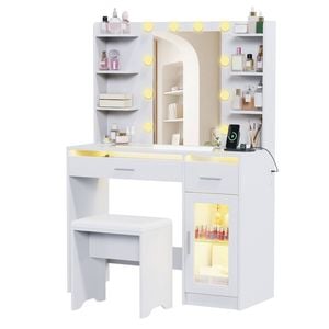 Advwin Vanity Desk with Glass Tabletop & Cabinet and LED Light Charging Station White