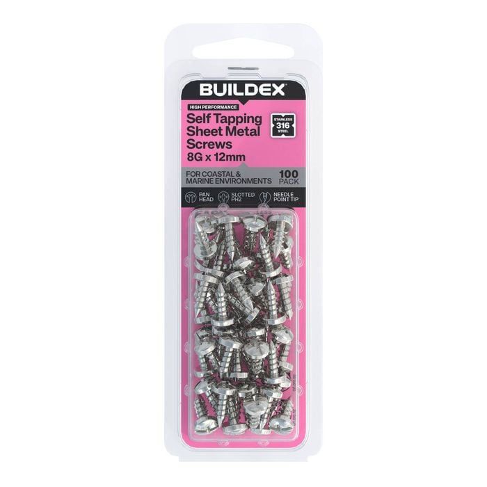 Buildex 8G x 12mm SS316 Self Tapping Sheet Metal Screws - 100 Pack