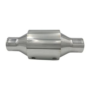 GASO Hi Flow Catalytic Converter, 2" In/Out, 100 CPSI, Polished Stainless Steel with Heat Shield