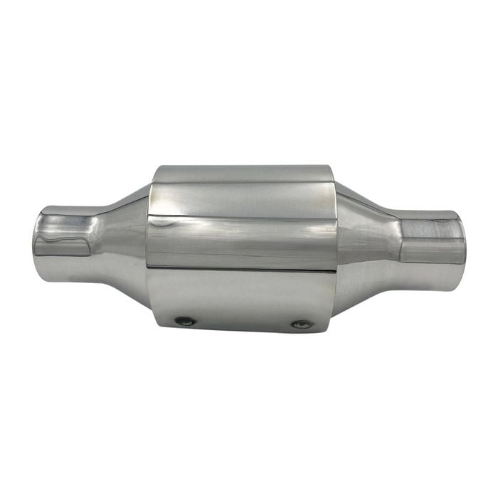 GASO Hi Flow Catalytic Converter, 2" In/Out, 100 CPSI, Polished Stainless Steel with Heat Shield