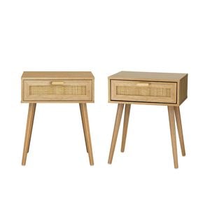 Oikiture Bedside Tables Set of 2 Side Table Storage Cabinet Nightstand Rattan