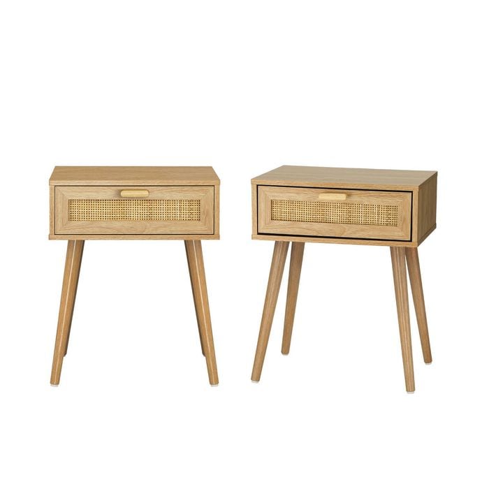 Oikiture Bedside Tables Set of 2 Side Table Storage Cabinet Nightstand Rattan