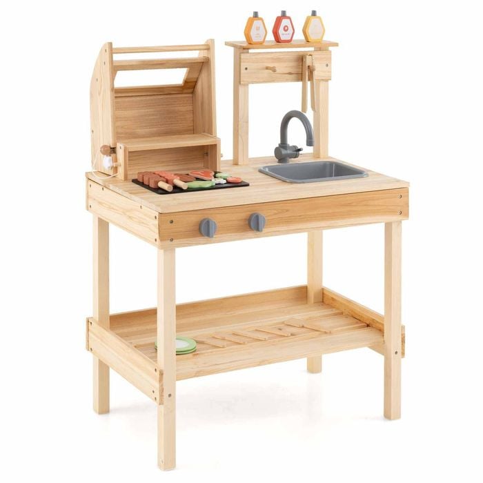 Costway Kid Kitchen Playset Bbq Grill Toy Set Natural