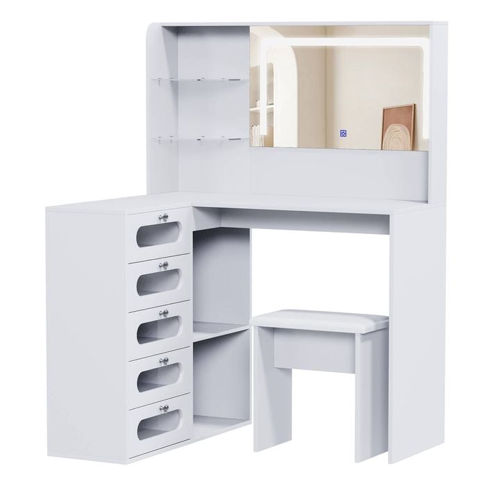 Ufuriture L Shaped Makeup Vanity Desk with Mirror and Lights, White Dressing Table Set with 5 Drawers & 2 Glass Shelves