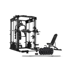 LSG GRK200 10-in-1 Home Gym Station, Power Rack, Smith Machine and Cable Crossover + 90kg Olympic Barbell & Bumper Plate Set