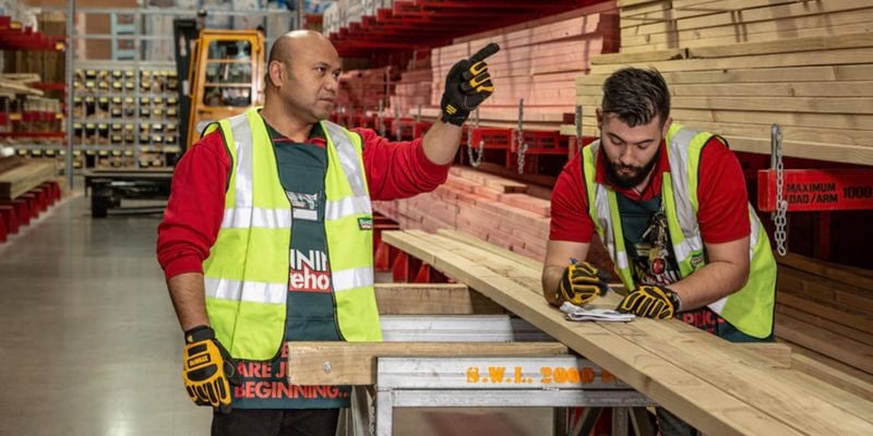A Bunnings team member gestures to a timber pile while another writes notes, in a timber yard