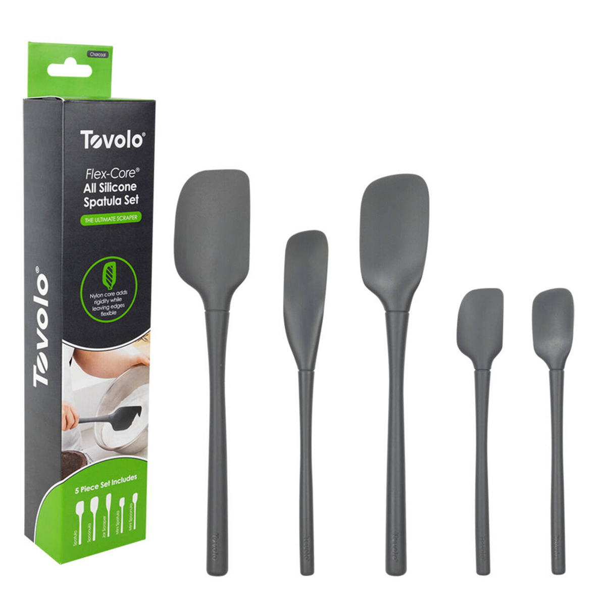 5pc Tovolo Flex-Core All Silicone Flexible Spatula Spoon Set Charcoal ...