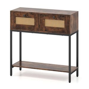 Costway 2-tier Boho Console Table Hallway Sofa Side W/rattan Drawer Brown