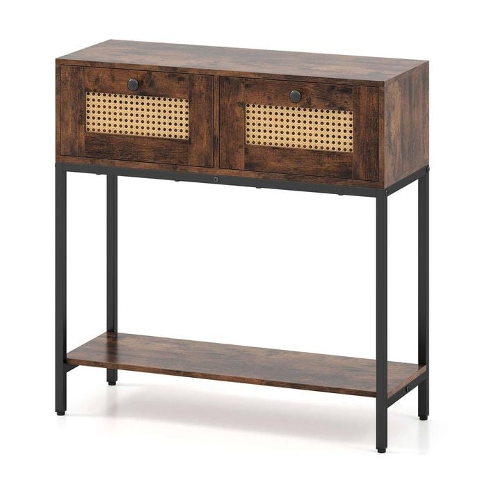 Costway 2-tier Boho Console Table Hallway Sofa Side W/rattan Drawer Brown