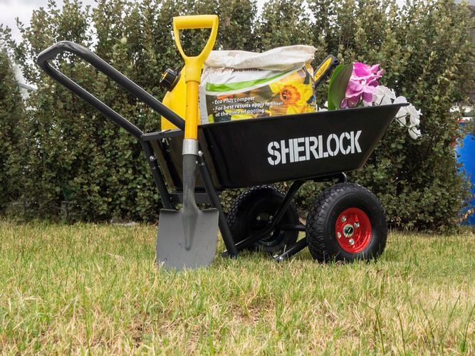 Cart loaded with garden tools and greenlife