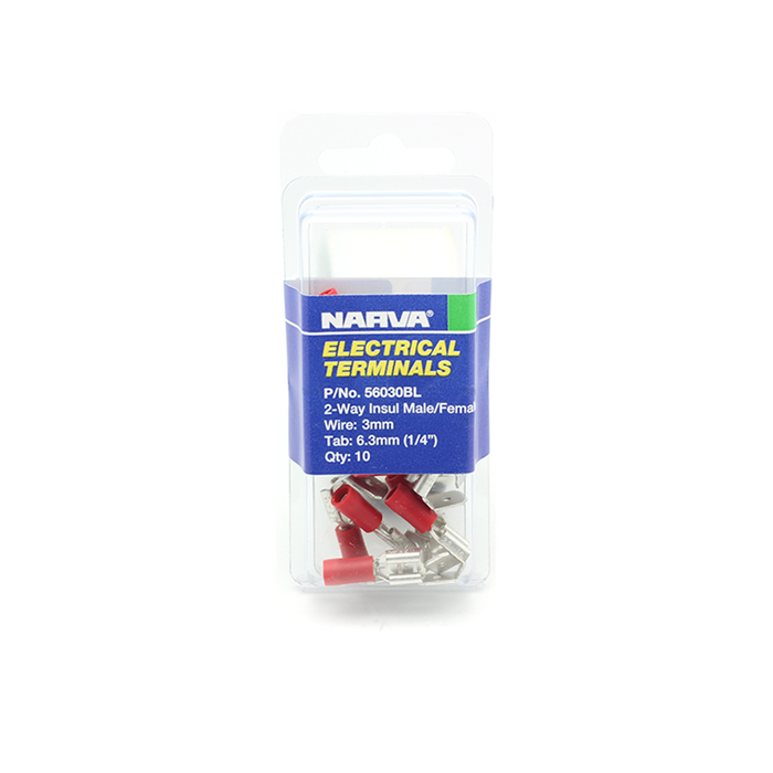 Narva 2.5-3 / 6.3 x 0.8mm 1/4" Red Double Crimped Flared Vinyl Insulated 2-Way Male/Female Piggy-Back Connector - 10 Pack