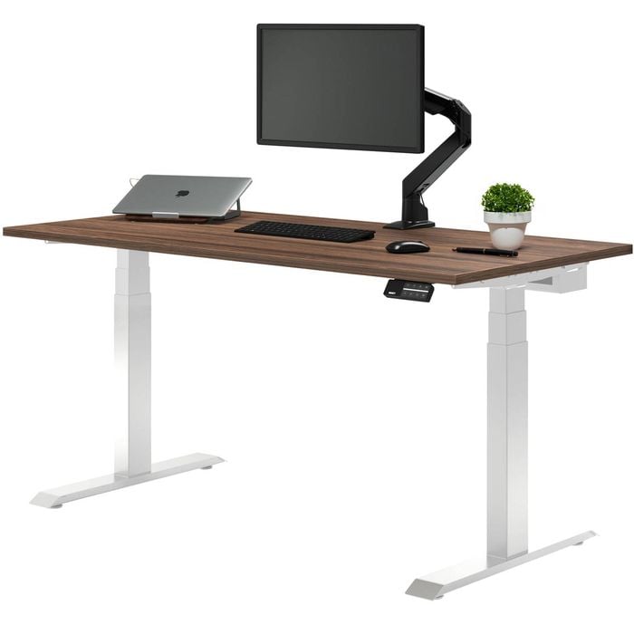 Desky Dual Sit to Stand Jarrah Legno Melamine Desk 1800x750mm White Height Adjustable Legs