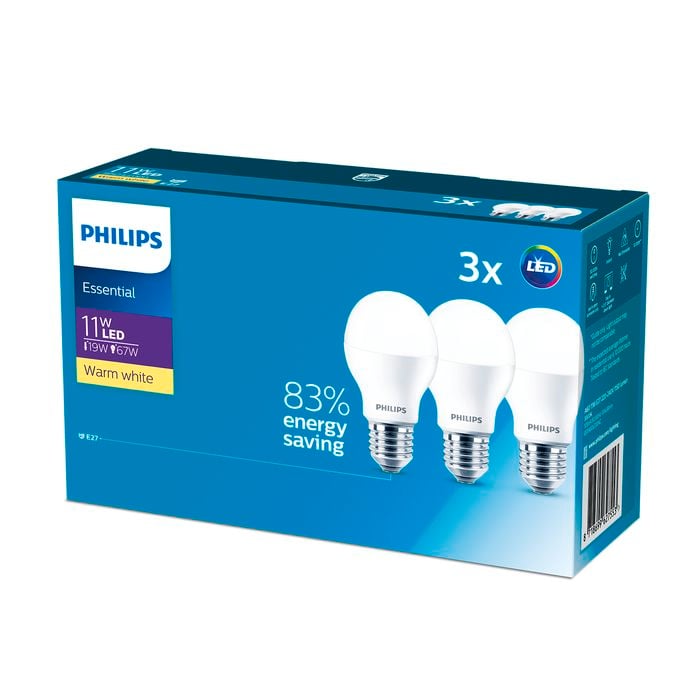 Philips A60 E27 LED 1150Lm Warm White 11W Globe - 3 Pack