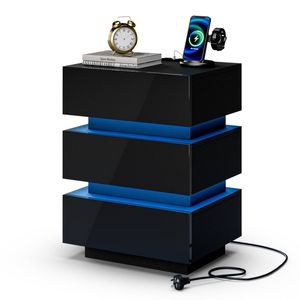 Advwin Bedside Table 3 Drawers with Charging Station & LED Light Nightstand Black