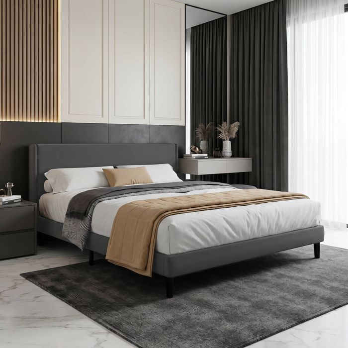 Advwin Bed Frame Queen Size Mattress Base Upholstered Platform Grey