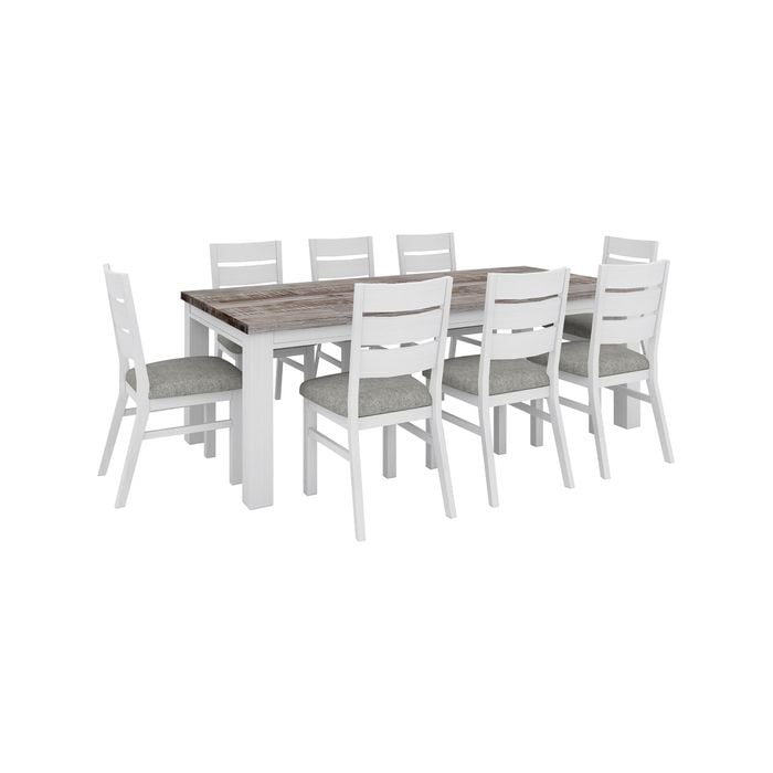 Plumeria 9pc Dining Set 225cm Table 8 Chair Solid Acacia Wood - White Brush