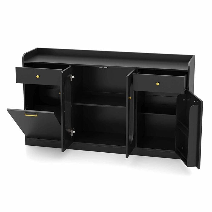 Costway Tilt Out Trash Can Buffet Cabinet Kitchen Island 1.4m Bar Black