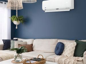 lounge room with blue feature wall and airconditioner