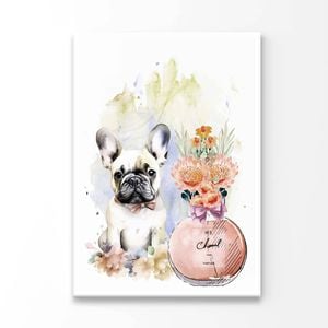 Perfume Bottle With French Dog Print 100% Australian Made 50x75cm (Stretched Canvas)