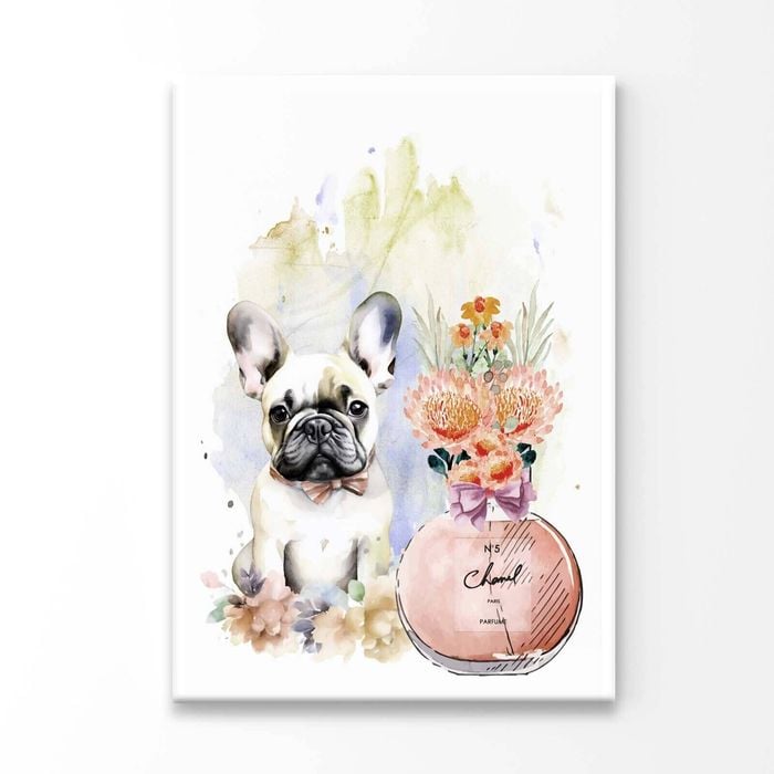 Perfume Bottle With French Dog Print 100% Australian Made 50x75cm (Stretched Canvas)