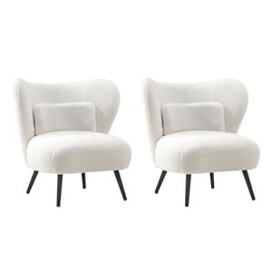 Oikiture 2x Armchair Lounge Chair with Lumbar Pillow Wingback Boucle White