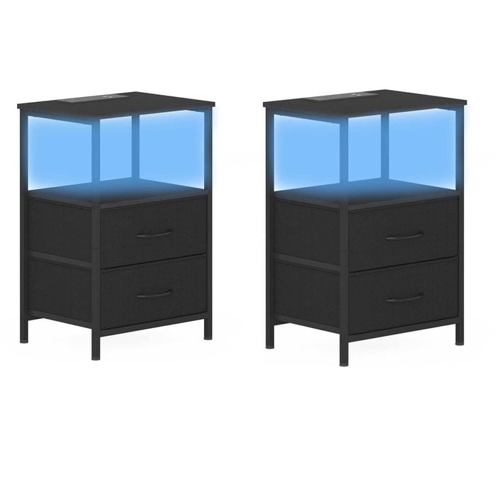 Ufurniture 2xnightstand With Led Light And Charging Station Industrial End Table 2 Fabric Drawers And Open Shelf Black