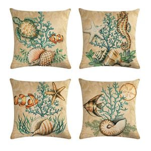 Catzon 4 Pcs Sea Theme Throw Pillow Covers Square Linen Pillowcase for Couch