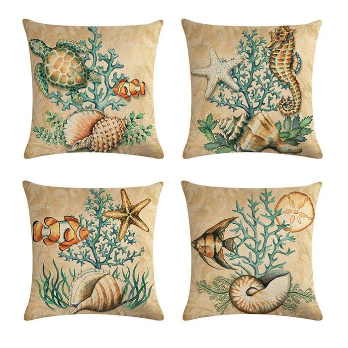 Catzon 4 Pcs Sea Theme Throw Pillow Covers Square Linen Pillowcase for Couch