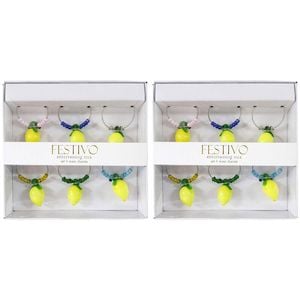 2x 6pc LVD Glass Lemons Fruit Alloy Wine Charms Set 13x12cm Multicoloured