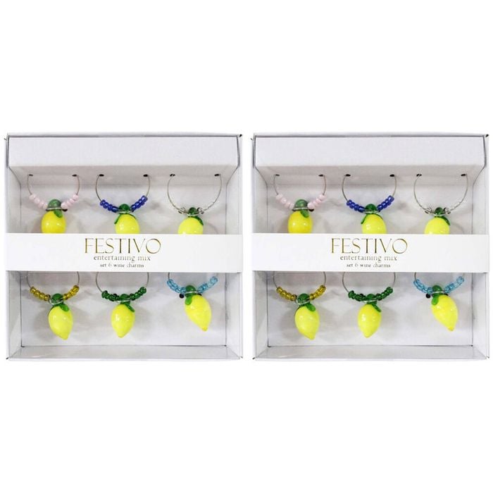 2x 6pc LVD Glass Lemons Fruit Alloy Wine Charms Set 13x12cm Multicoloured