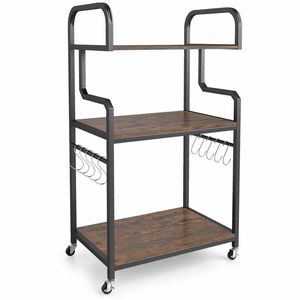 Costway 3Tier Rolling Printer Microwave Stand Cart Shelves 10Hook Brown