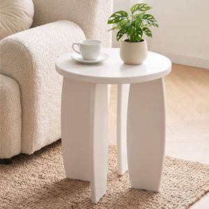HOMFURN Round Side Table, Cream White High-Gloss Finish, Flowing Curved Legs, 30kg Capacity Living Room & Bedroom