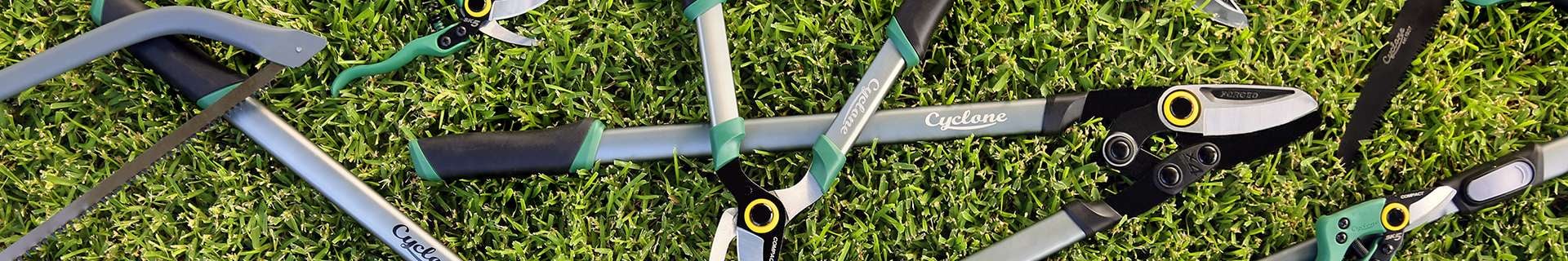 Garden hand tools lying on grass.