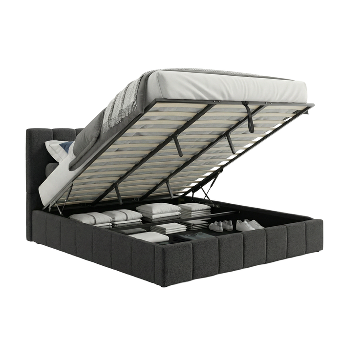 Milano Luxe Linear Boucle Gas Lift Bed Frame Charcoal Queen