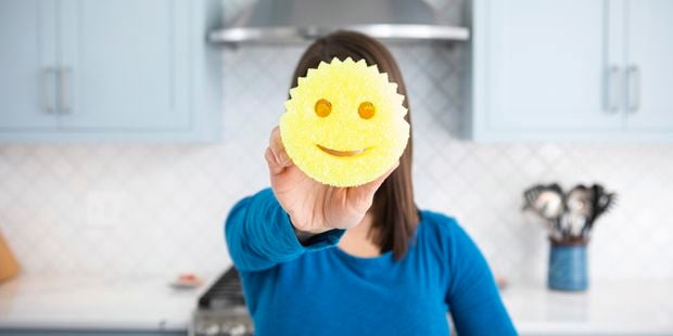 A person holding a Scrub Daddy in front of their face.