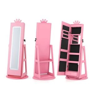 Costway Kid Mirror Jewellery Cabinet 3in1 Jewelry Organizer Armoire Pink