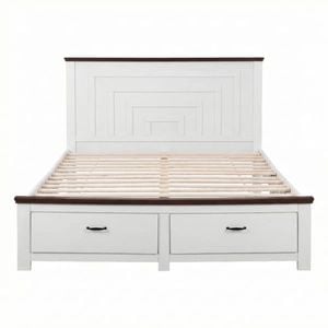 Homfurn Queen Bed Frame With 2 Drawers & 108cm High Headboard – Modern White