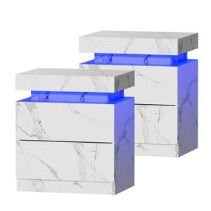 Oikiture Set of 2 Bedside Table 2 Drawers LED Marble Effect White