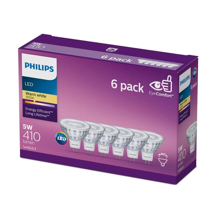Philips MR16 LED 410Lm Warm White 5W Spot - 6 Pack