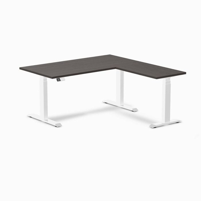 Desky Eco L-Shape Sit to Stand Burnished Wood Melamine Desk 150x155cm Right Return White Height Adjustable Leg