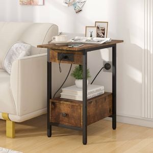 Advwin Side Table Sofa End Table w/ Charging Station & Drawer Narrow Bedside Table Walnut