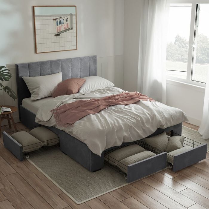 Ormond Queen Fossil Grey Velvet Four Drawer Storage Bed Frame