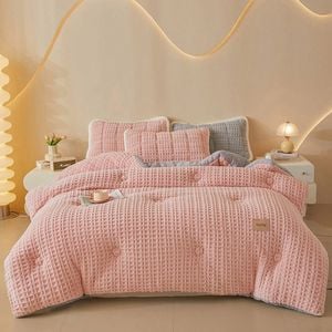 CottonMore Thick Winter Warm Quilt Reversible Waffle Plush Comforter 200x230cm - Pink
