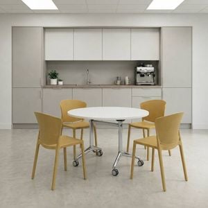 Olg Meeting Room Bundle: Modulus 1200mm Round Flip Table White + 4 Ripple Stackable Chairs Honey Yellow