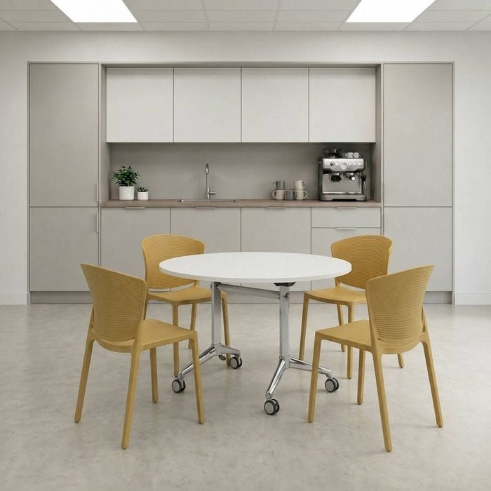 Olg Meeting Room Bundle: Modulus 1200mm Round Flip Table White + 4 Ripple Stackable Chairs Honey Yellow